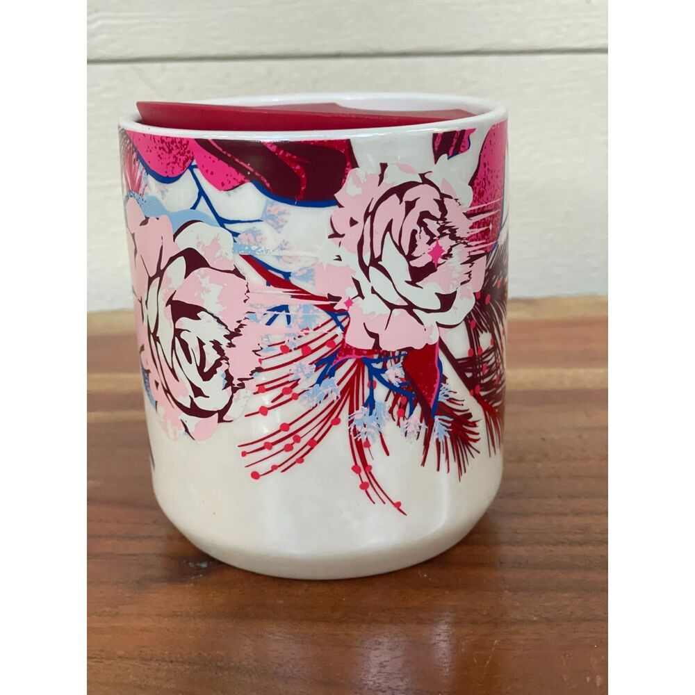 Starbucks 2022 Ceramic Travel Mug Pink Floral Winter Pine Stars Holiday Cup 8oz